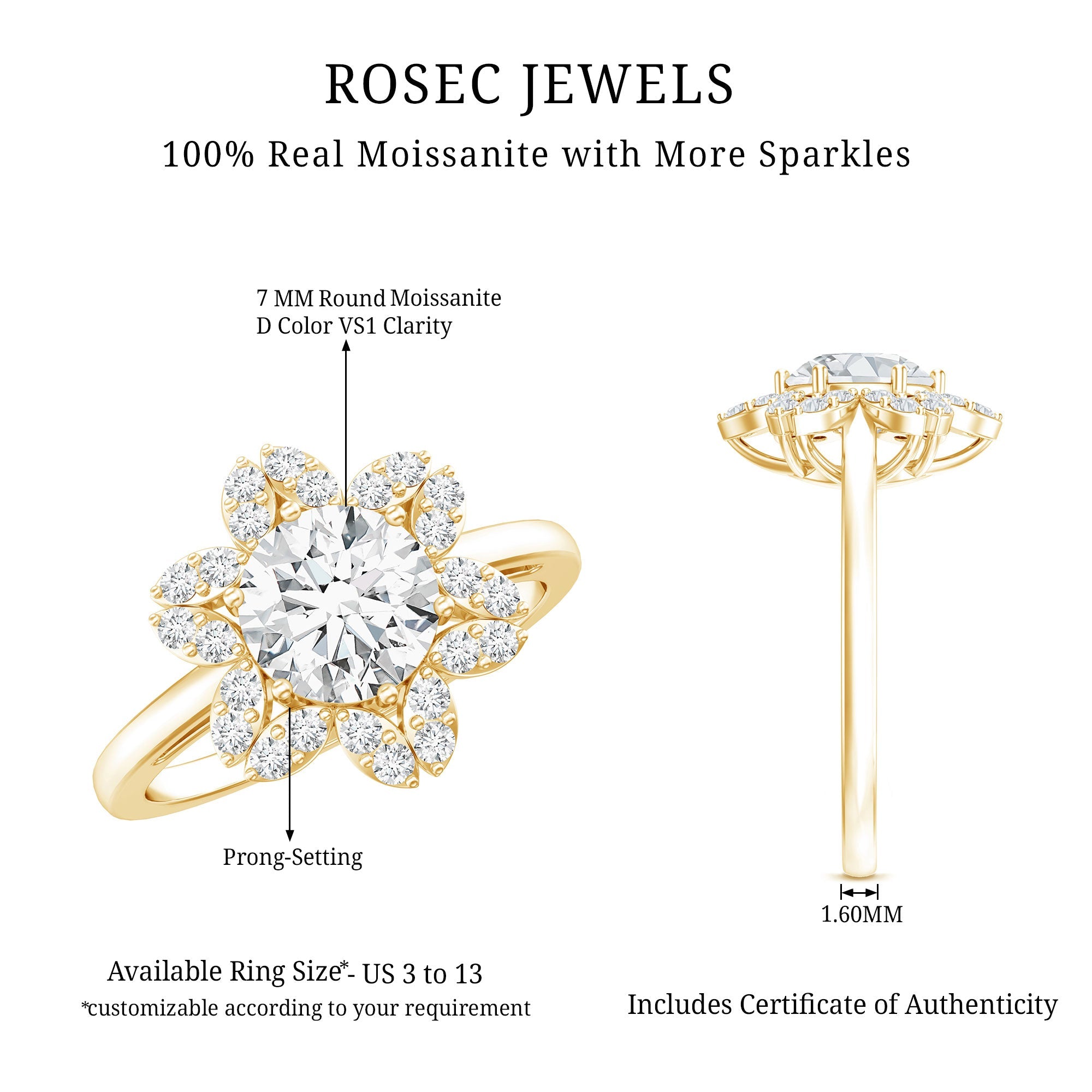 Certified Moissanite Flower Halo Engagement Ring for Women