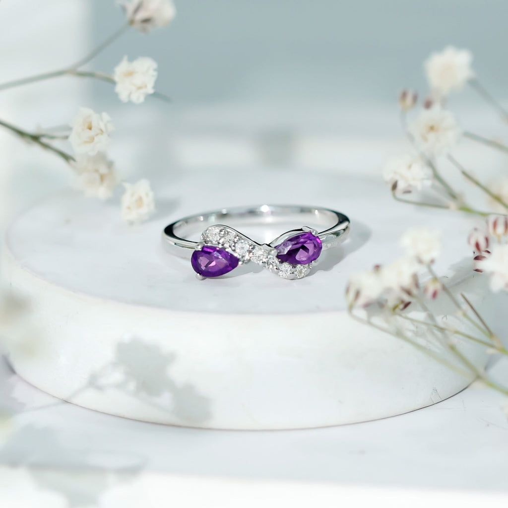 Pear Shaped Amethyst Infinity Promise Ring with Diamond