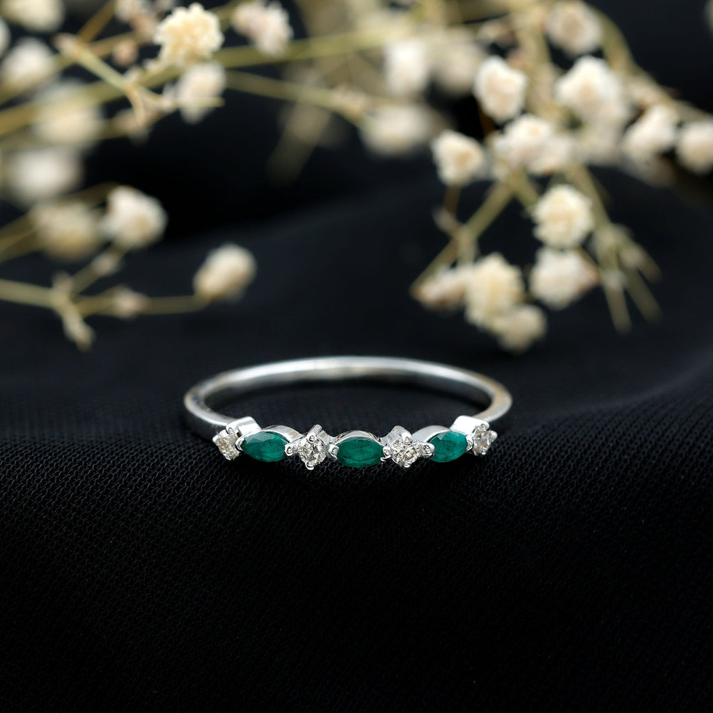 Genuine Emerald and Diamond Minimalist Half Eternity Ring