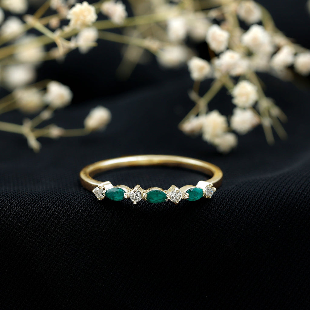 Genuine Emerald and Diamond Minimalist Half Eternity Ring