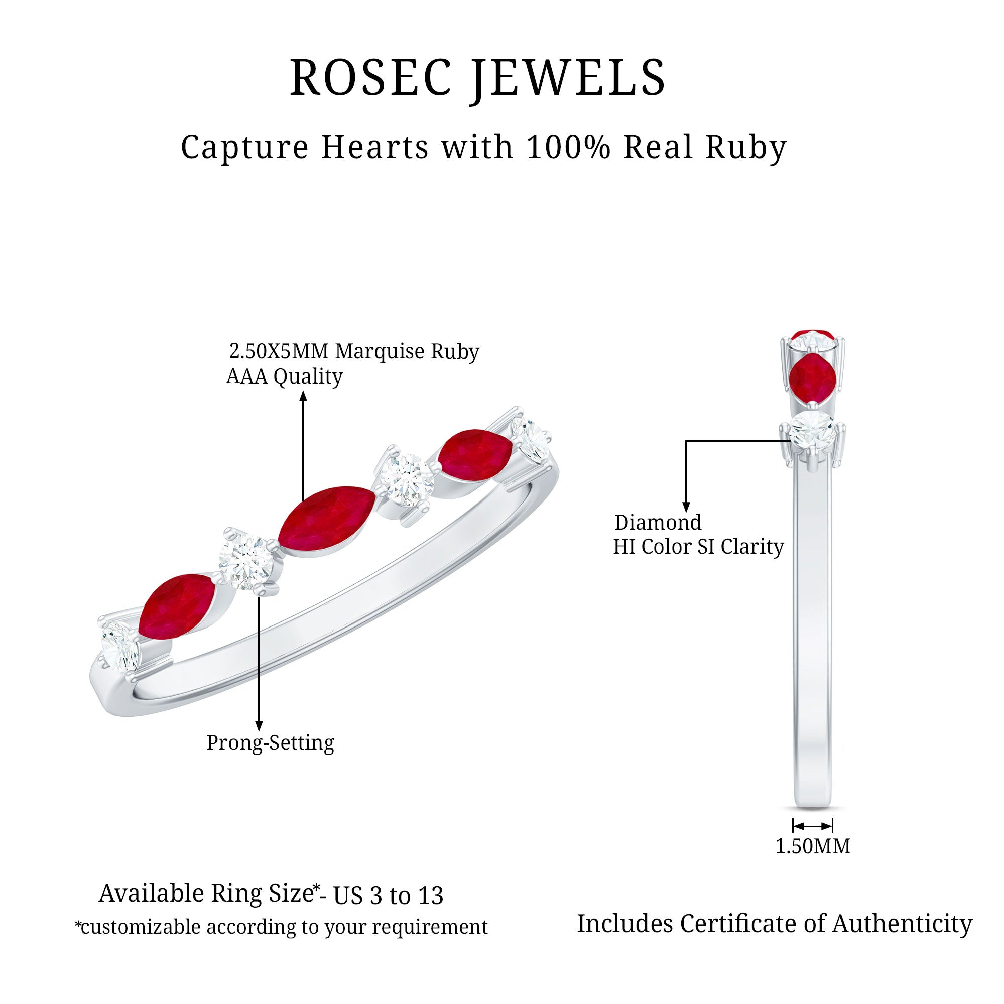 Natural Marquise Ruby Diamond Half Eternity Ring for Anniversary