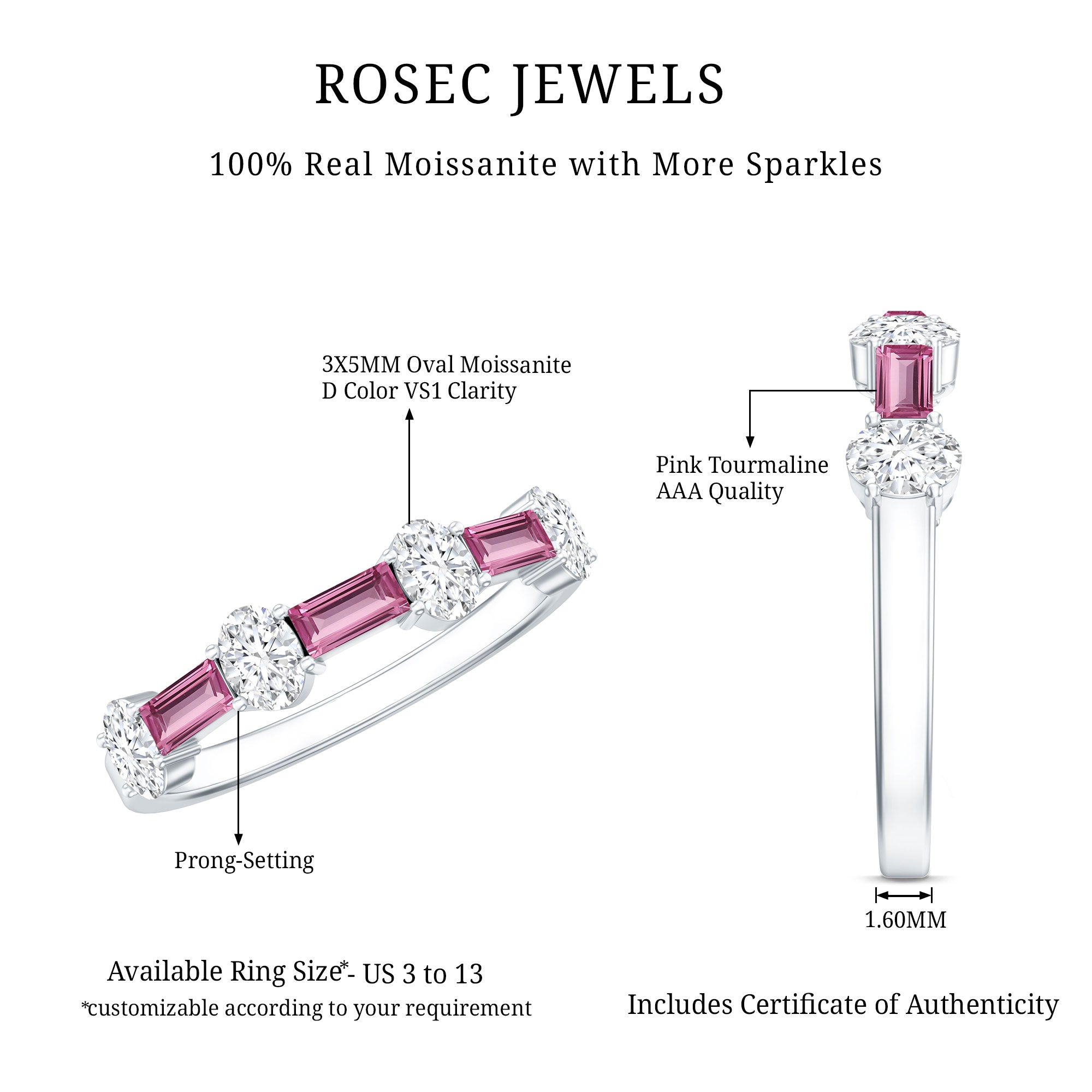 Natural Pink Tourmaline Semi Eternity Ring with Moissanite