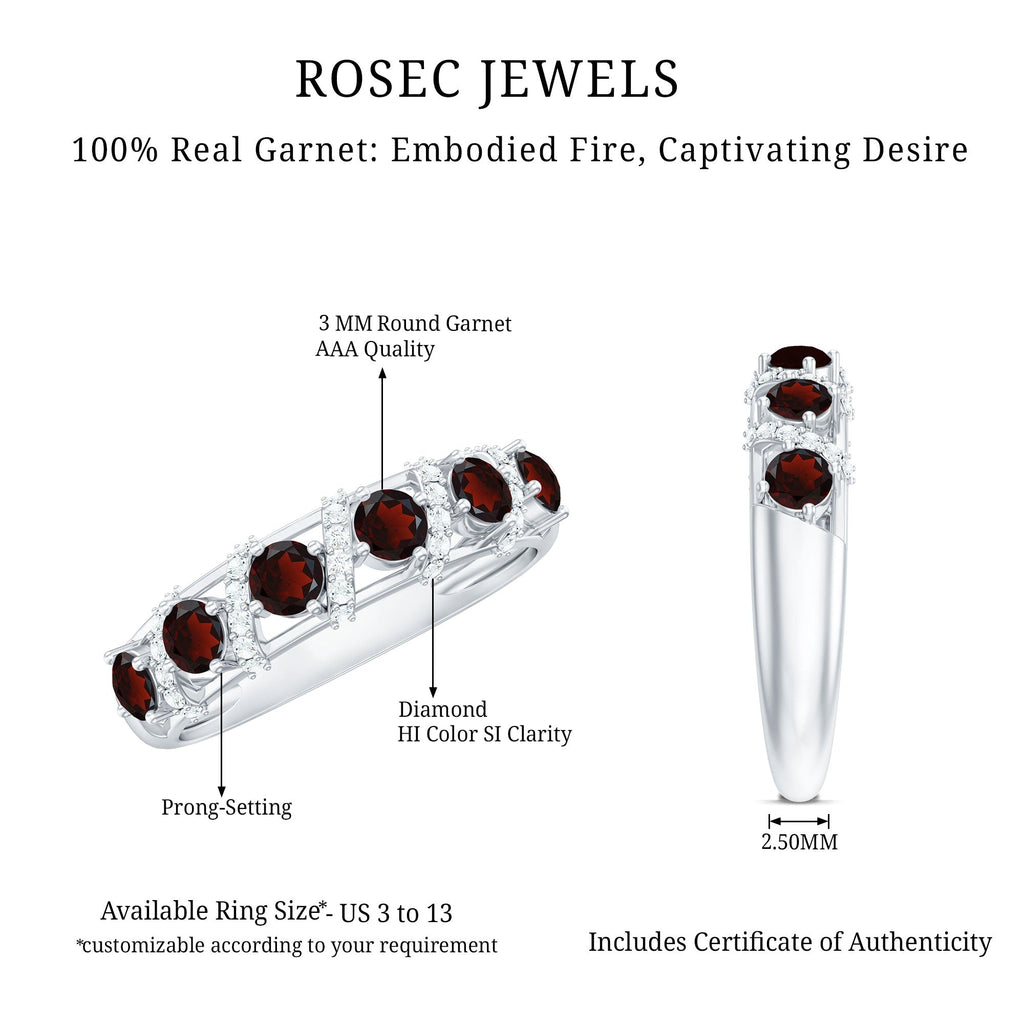 Genuine Red Garnet Diamond Half Eternity Ring for Anniversary