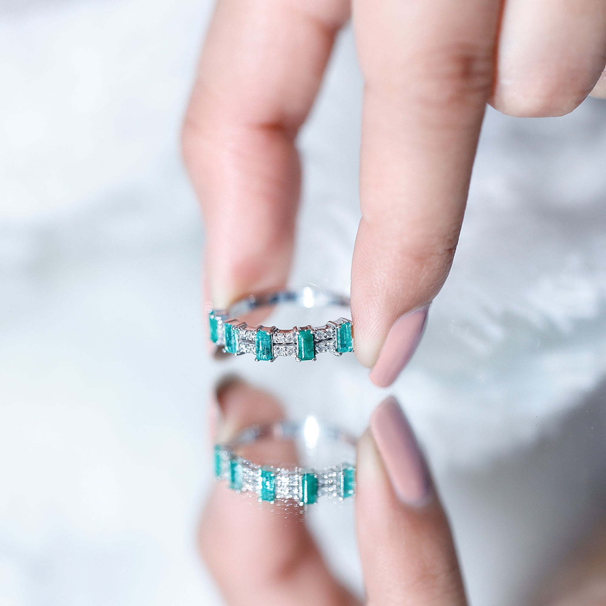 Baguette Cut Emerald and Diamond Half Eternity Band