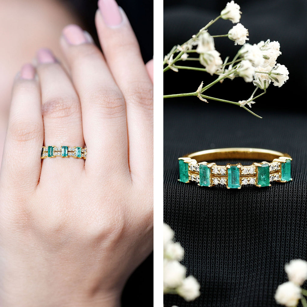 Baguette Cut Emerald and Diamond Half Eternity Band