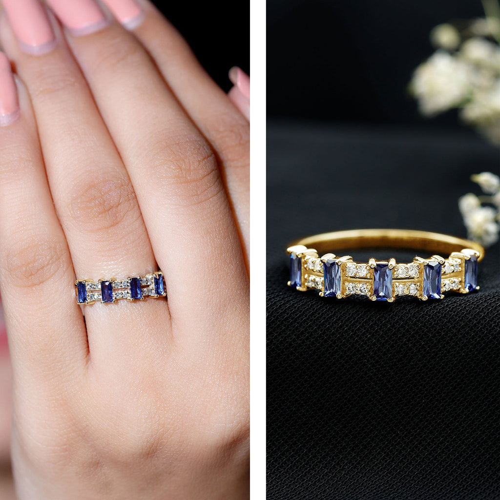 Certified Baguette Lab Grown Blue Sapphire Half Eternity Band Ring with Diamond