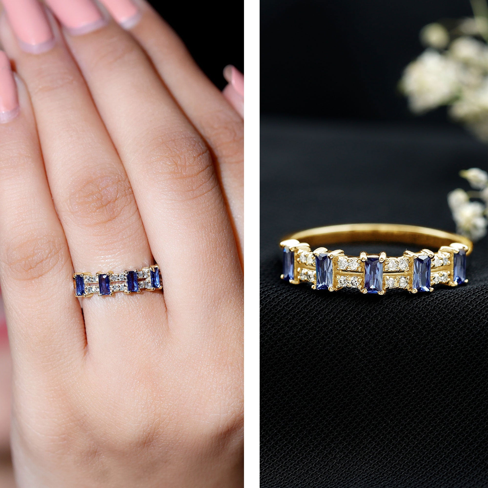 Certified Baguette Lab Grown Blue Sapphire Half Eternity Band Ring with Diamond