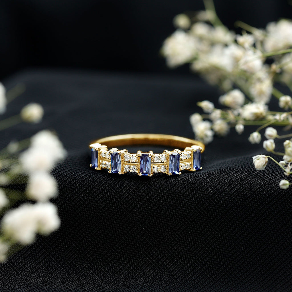 Certified Baguette Lab Grown Blue Sapphire Half Eternity Band Ring with Diamond