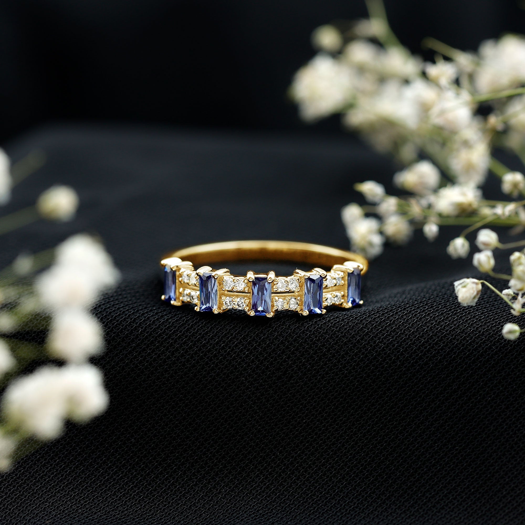 Certified Baguette Lab Grown Blue Sapphire Half Eternity Band Ring with Diamond