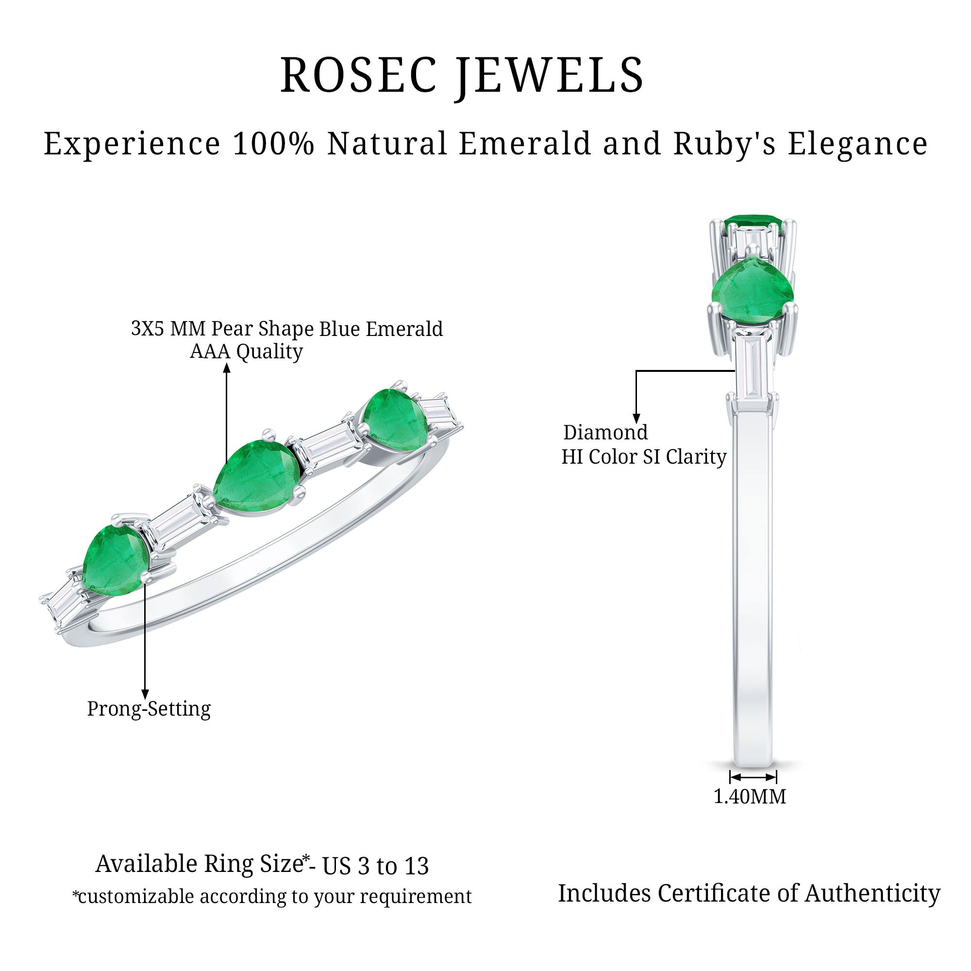 Certified Natural Emerald Diamond Half Eternity Anniversary Ring in East West Style