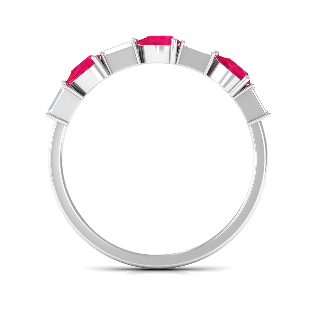 East West Style Pear Shape Ruby Half Eternity Ring with Baguette Diamond