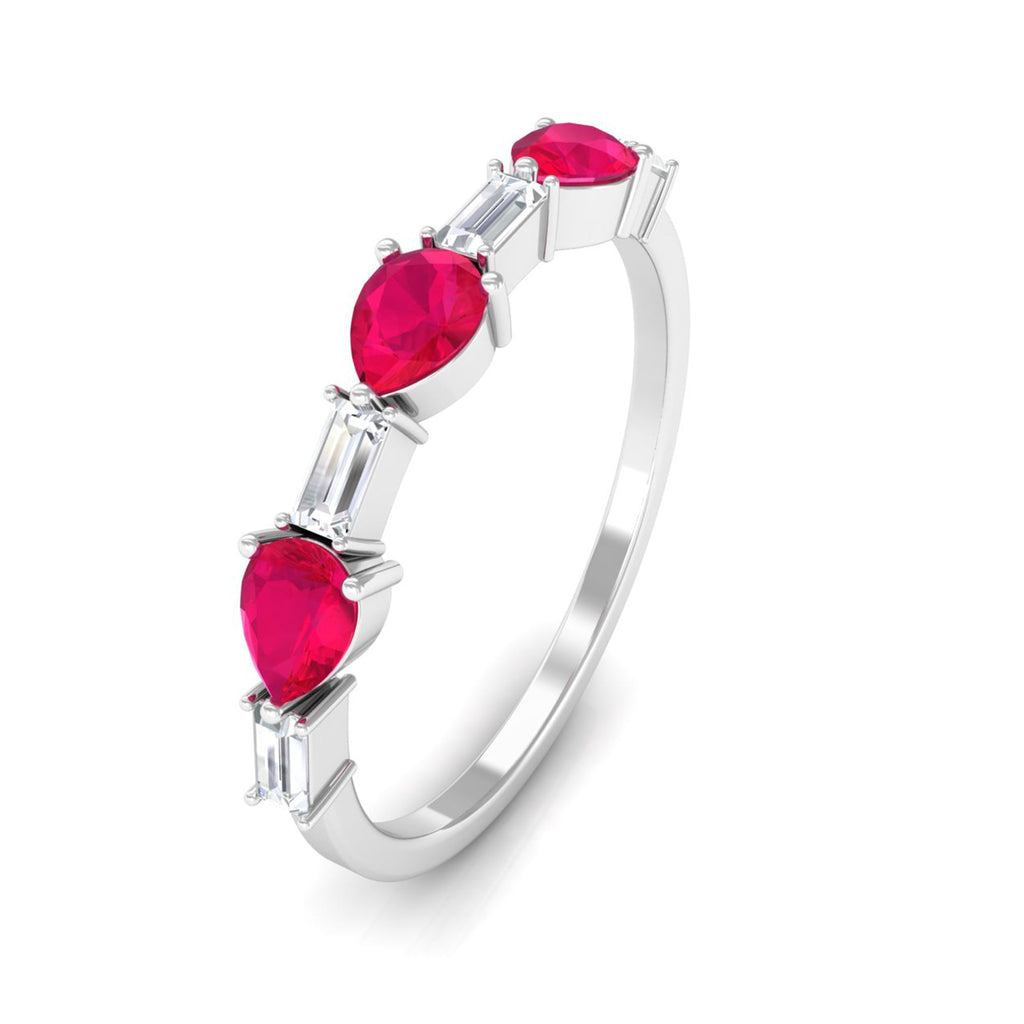 East West Style Pear Shape Ruby Half Eternity Ring with Baguette Diamond
