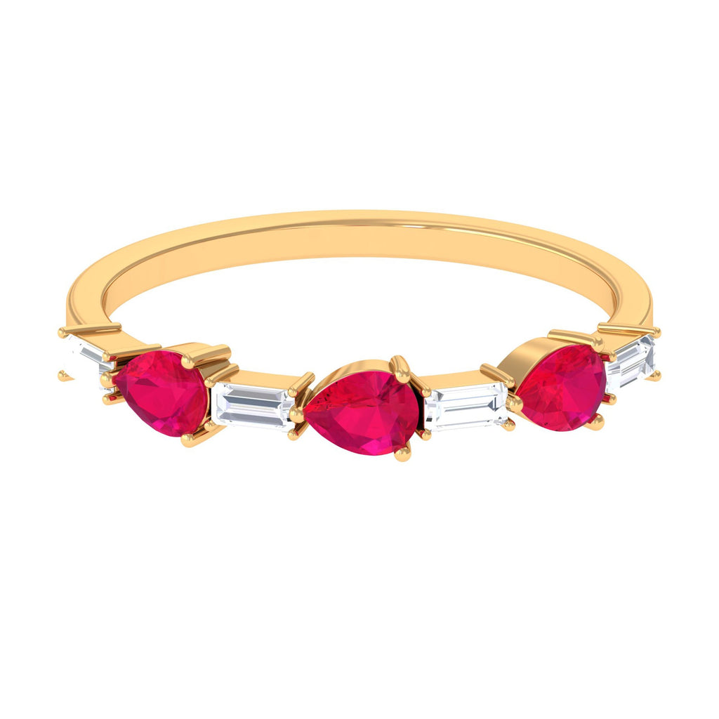 East West Style Pear Shape Ruby Half Eternity Ring with Baguette Diamond