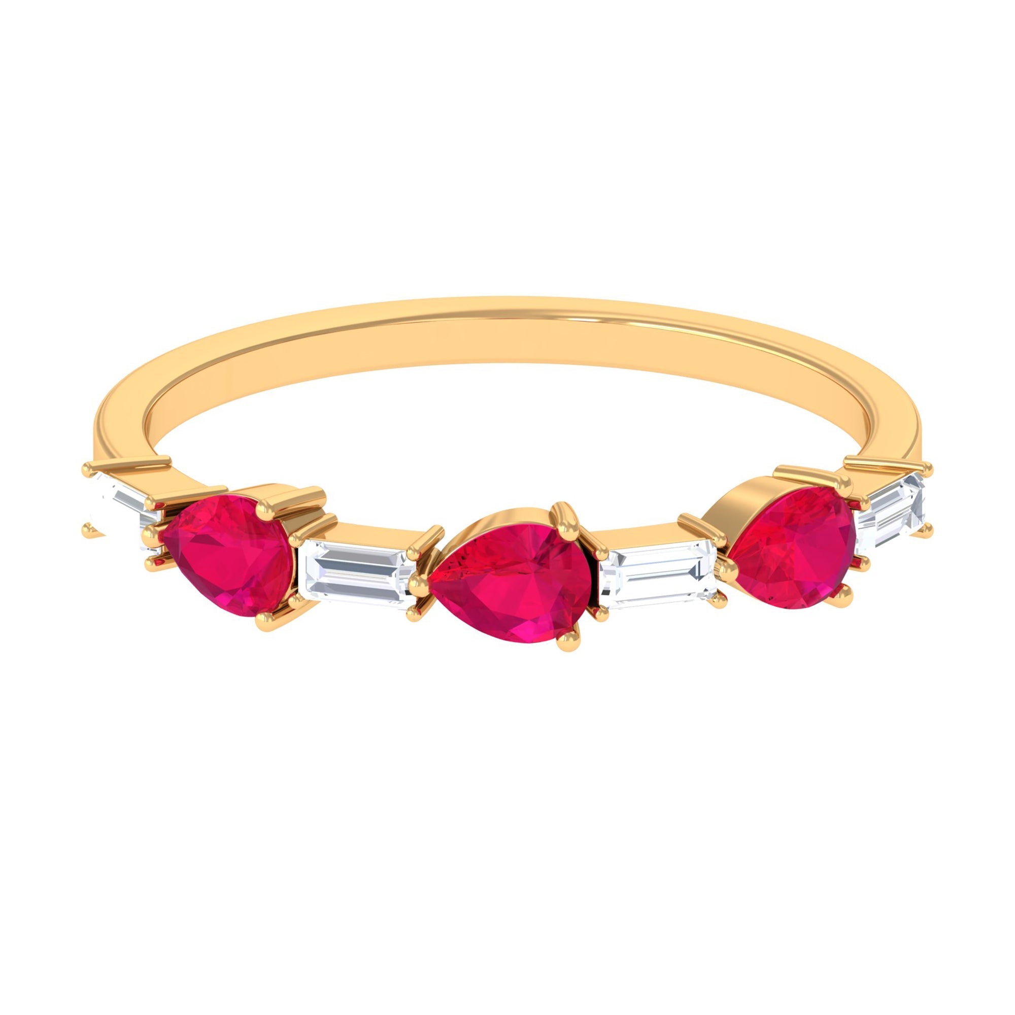 East West Style Pear Shape Ruby Half Eternity Ring with Baguette Diamond