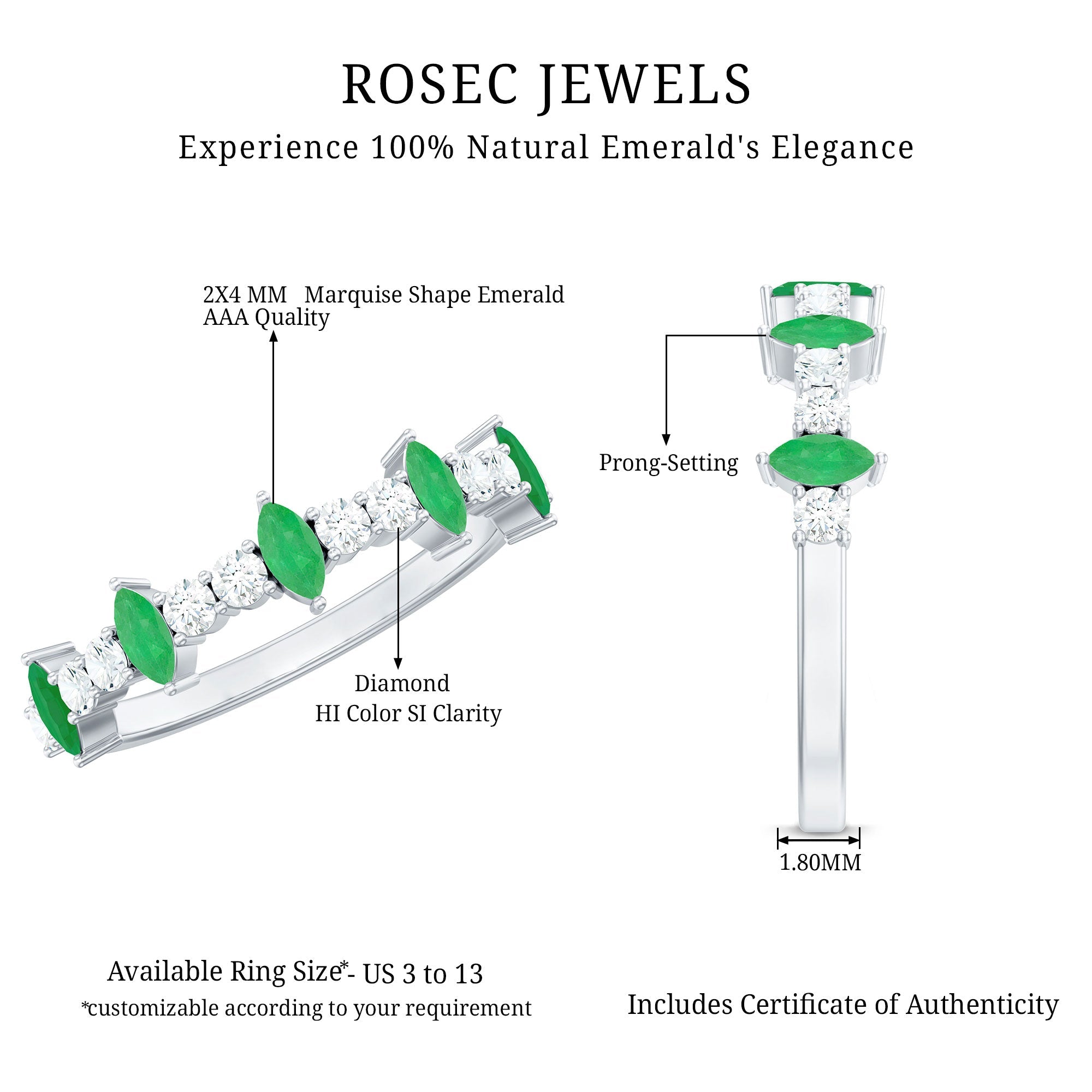 Natural Marquise Emerald Diamond Half Eternity Anniversary Ring with Certificate