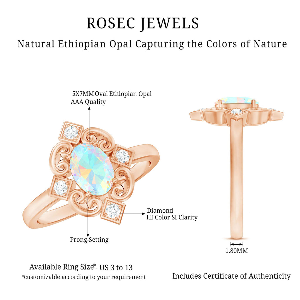 Oval Cut Certified Ethiopian Opal Vintage Inspired Engagement Ring with Diamond