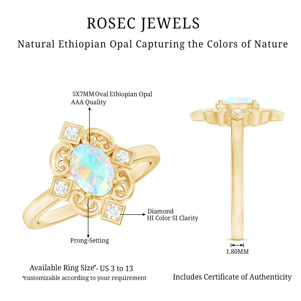 Oval Cut Certified Ethiopian Opal Vintage Inspired Engagement Ring with Diamond