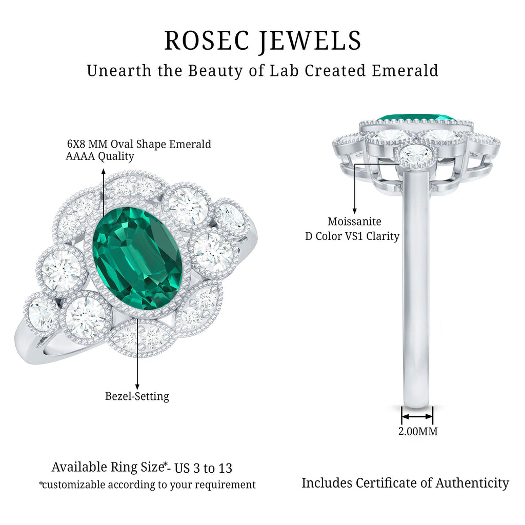 Certified Oval Lab Grown Emerald Antique Looking Engagement Ring