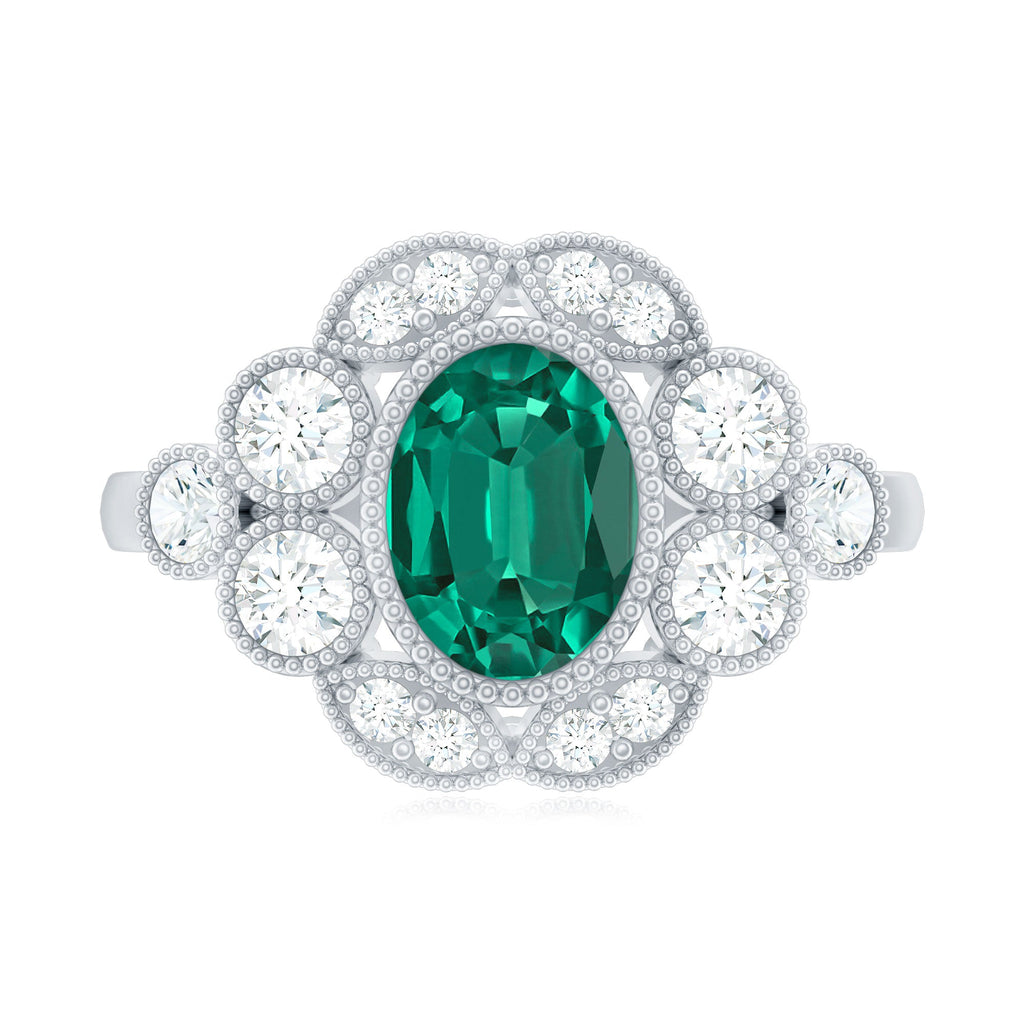 Certified Oval Lab Grown Emerald Antique Looking Engagement Ring