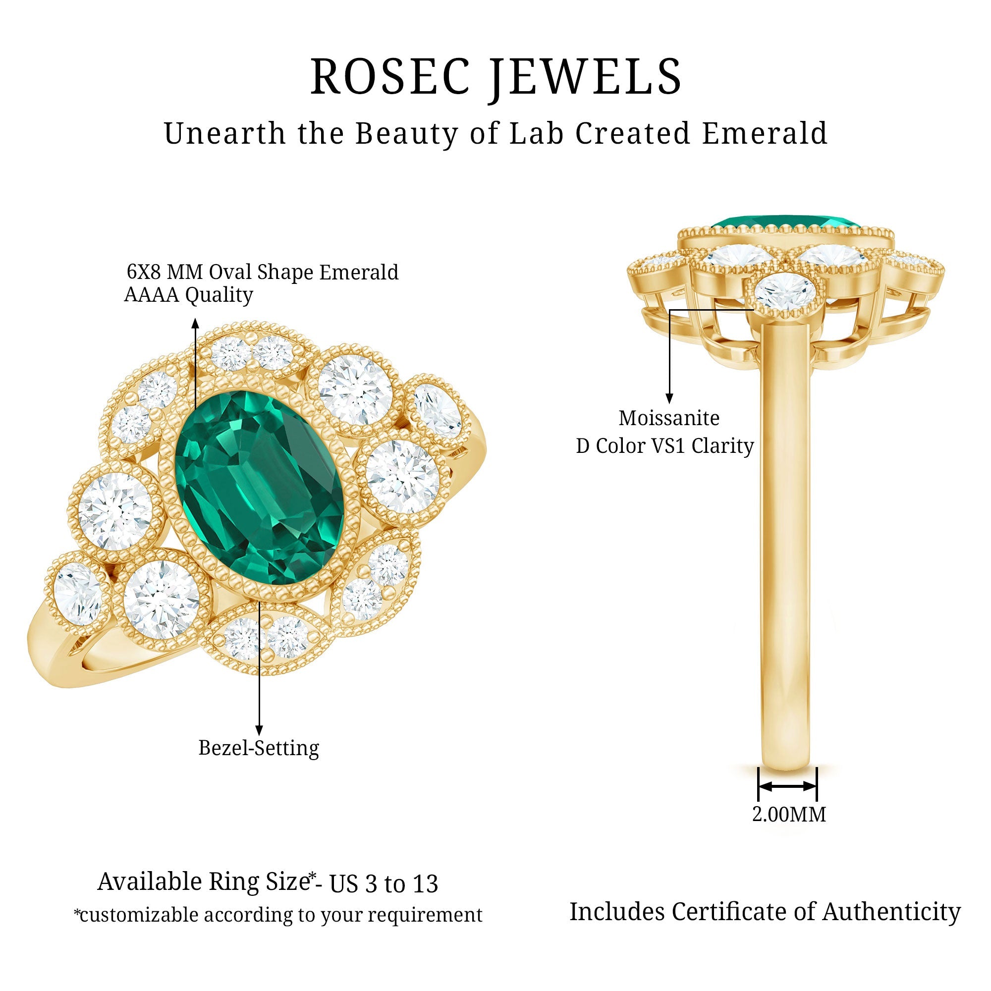 Certified Oval Lab Grown Emerald Antique Looking Engagement Ring