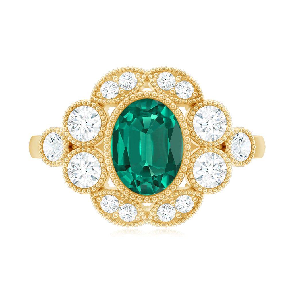 Certified Oval Lab Grown Emerald Antique Looking Engagement Ring