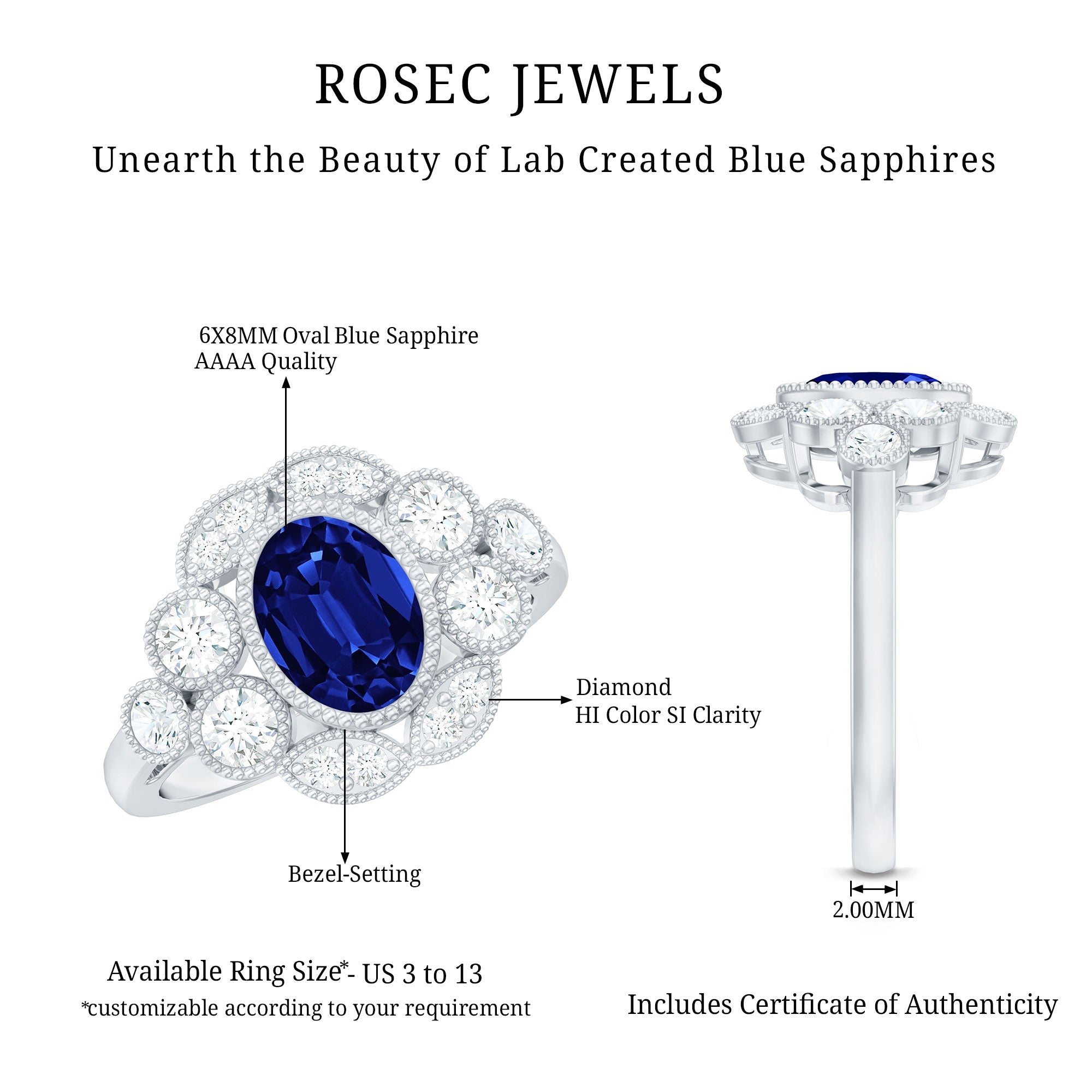 Vintage Looking 1.5 Carat Lab Grown Blue Sapphire Engagement Ring with Diamond