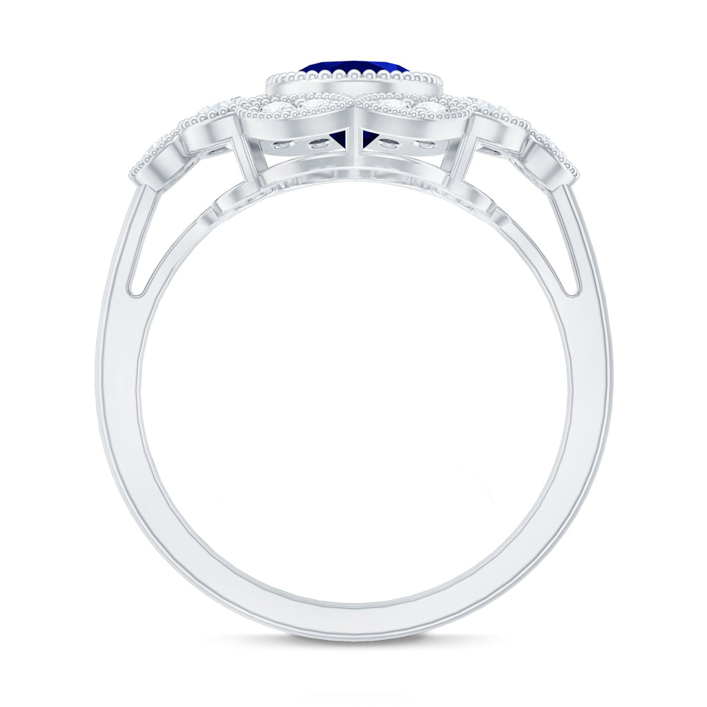Vintage Looking 1.5 Carat Lab Grown Blue Sapphire Engagement Ring with Diamond