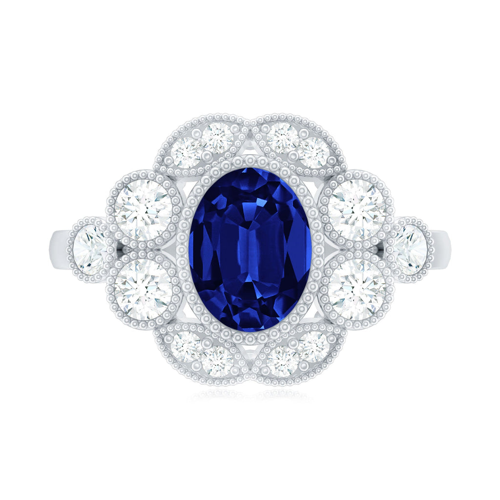 Vintage Looking 1.5 Carat Lab Grown Blue Sapphire Engagement Ring with Diamond