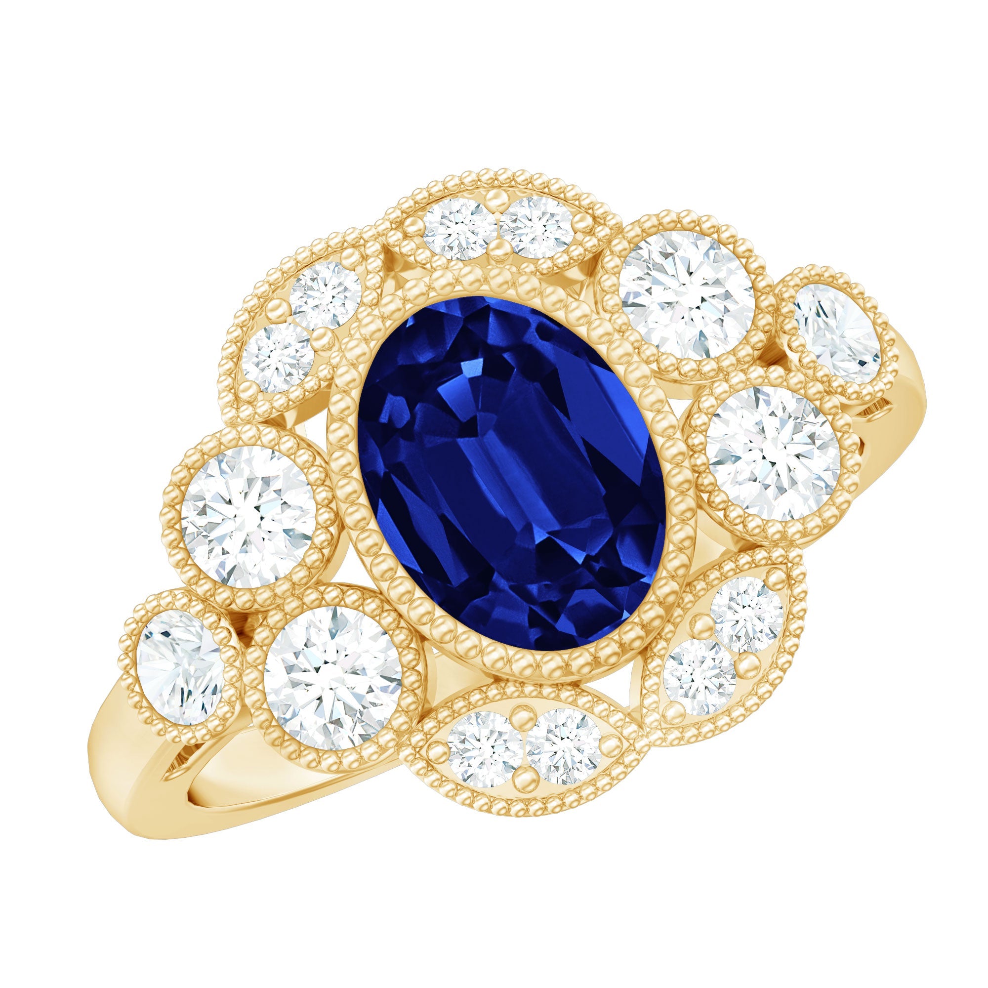 Vintage Looking 1.5 Carat Lab Grown Blue Sapphire Engagement Ring with Diamond