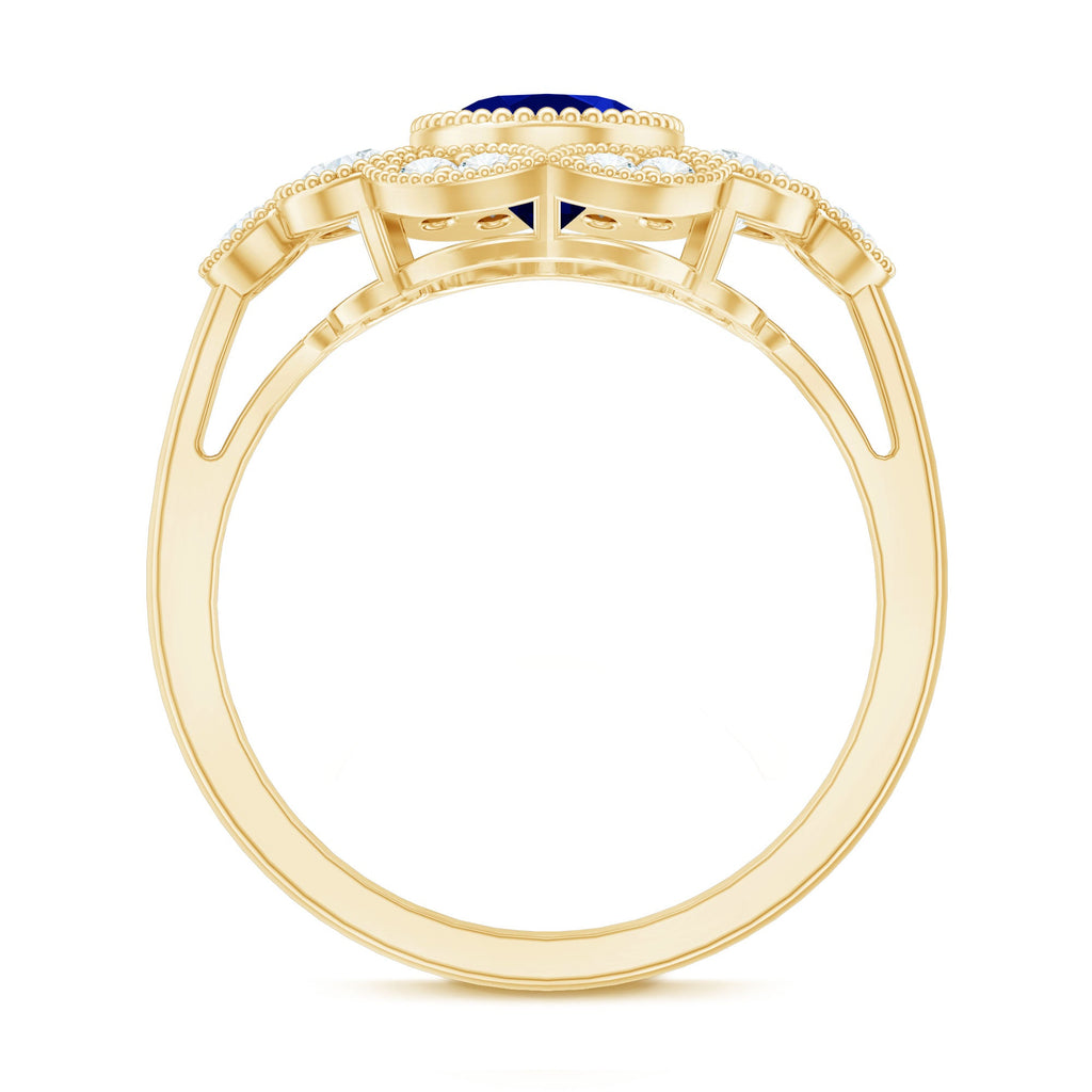 Vintage Looking 1.5 Carat Lab Grown Blue Sapphire Engagement Ring with Diamond