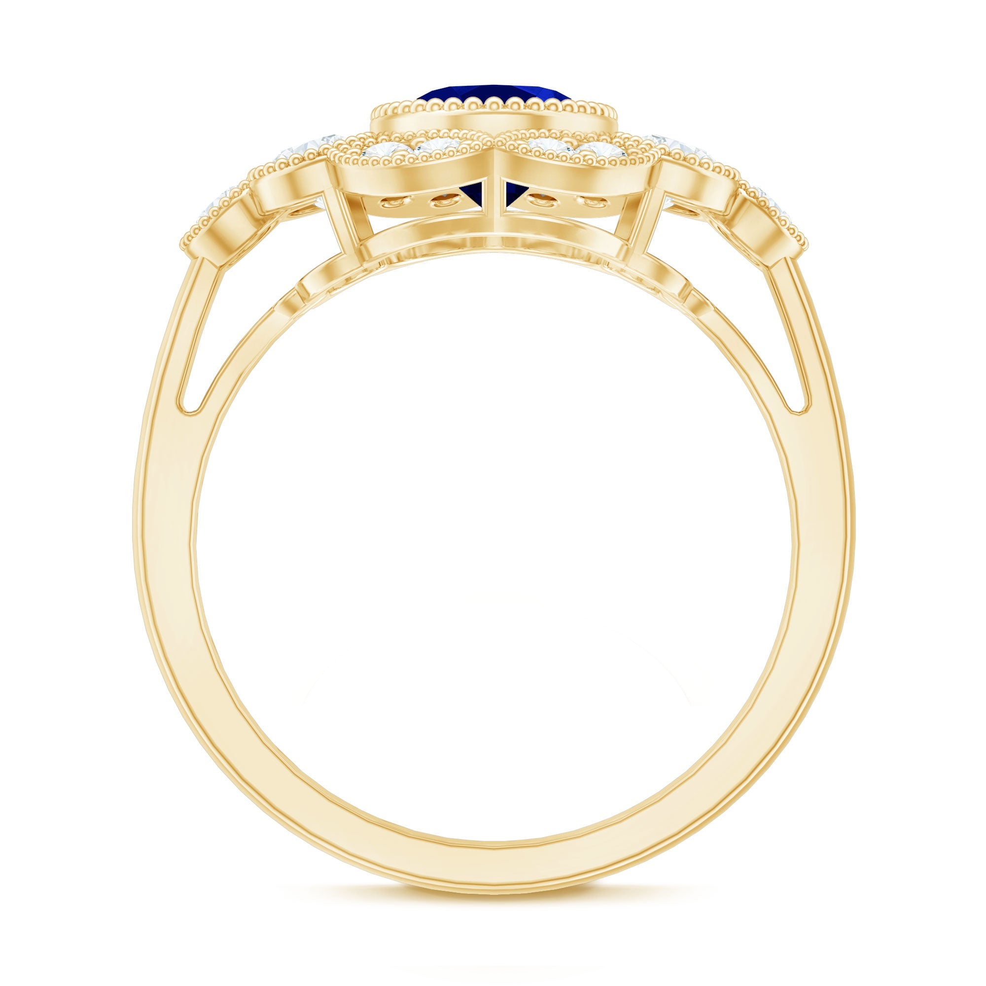 Vintage Looking 1.5 Carat Lab Grown Blue Sapphire Engagement Ring with Diamond