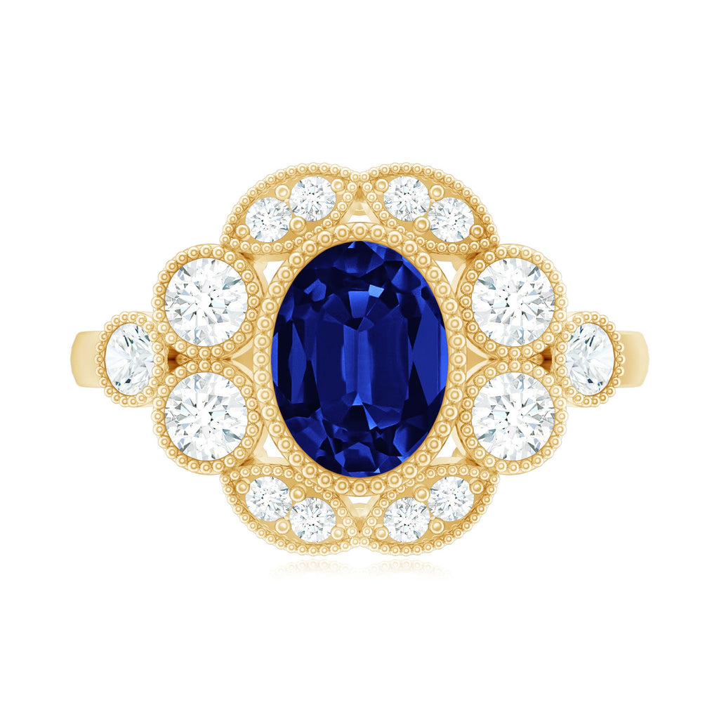 Vintage Looking 1.5 Carat Lab Grown Blue Sapphire Engagement Ring with Diamond