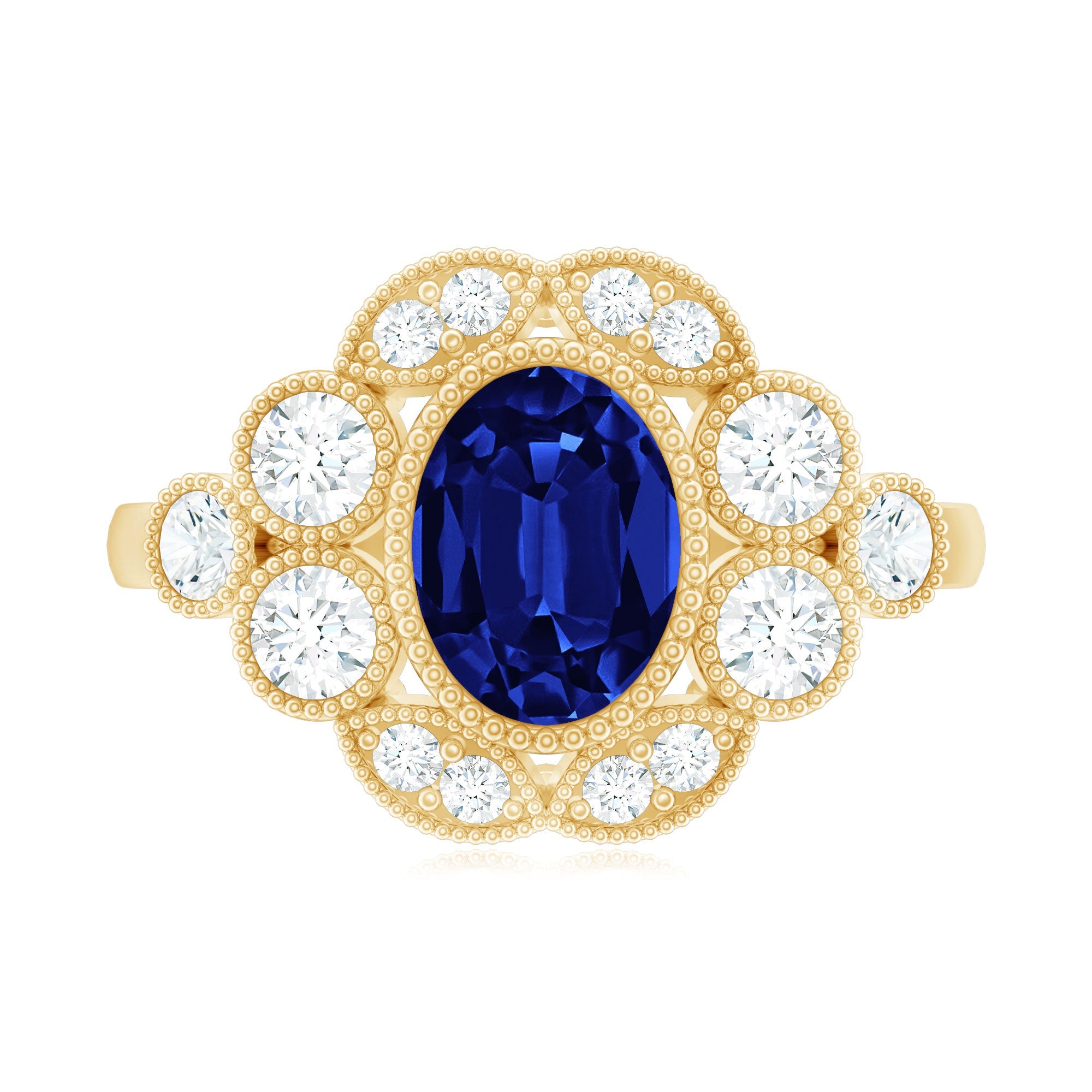 Vintage Looking 1.5 Carat Lab Grown Blue Sapphire Engagement Ring with Diamond
