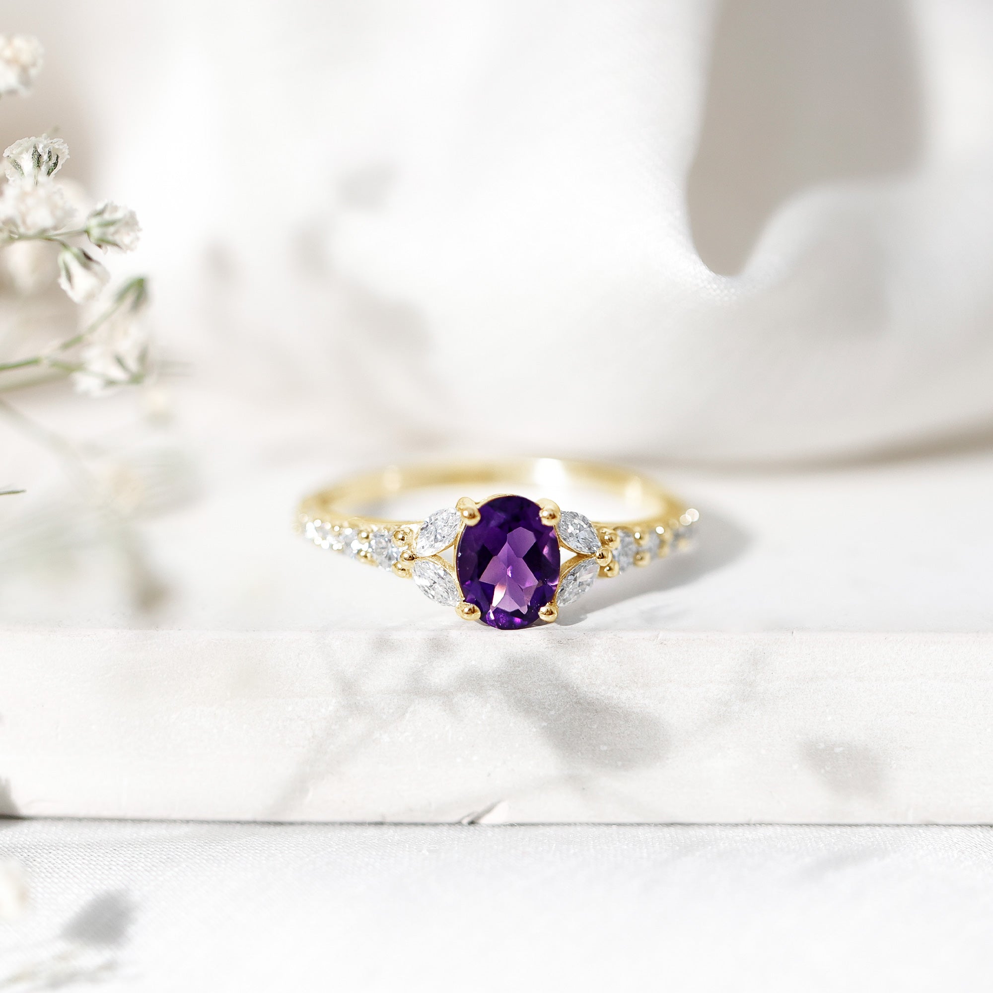 Natural 1 Carat Amethyst Oval Engagement Ring with Diamond
