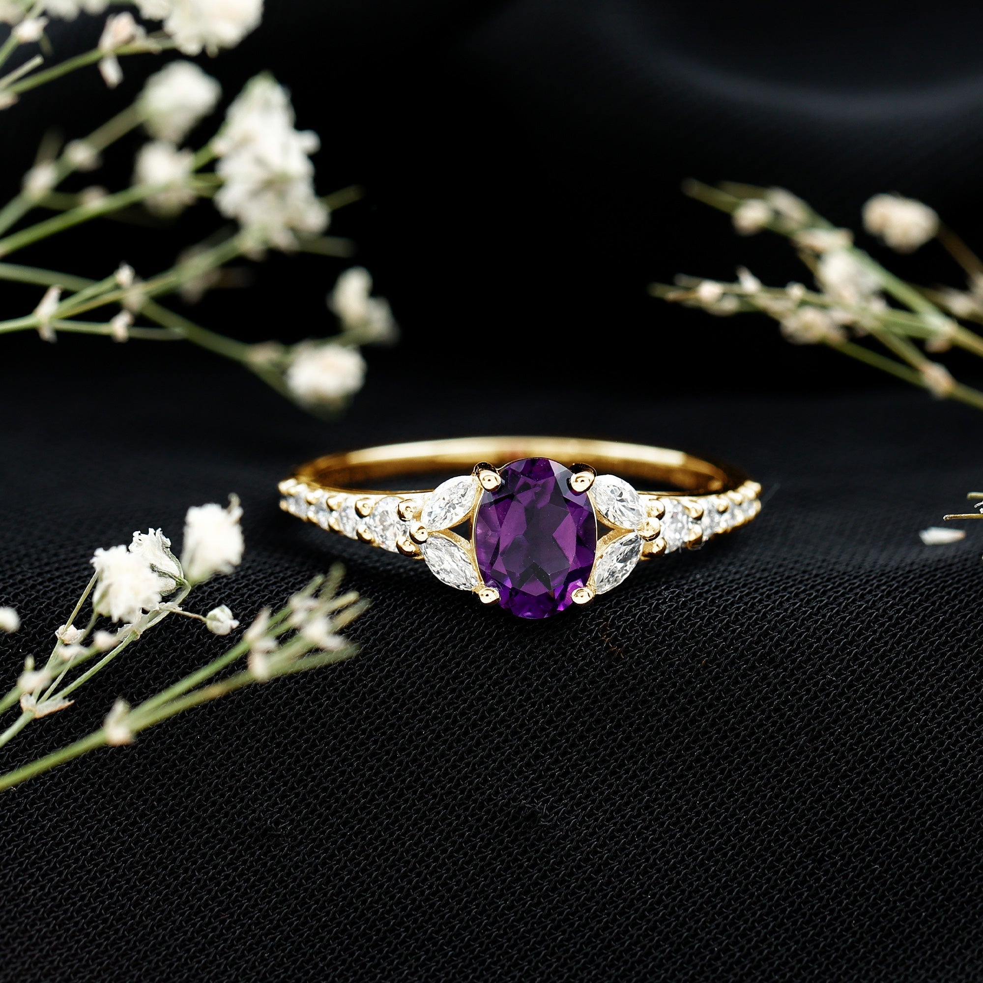 Natural 1 Carat Amethyst Oval Engagement Ring with Diamond