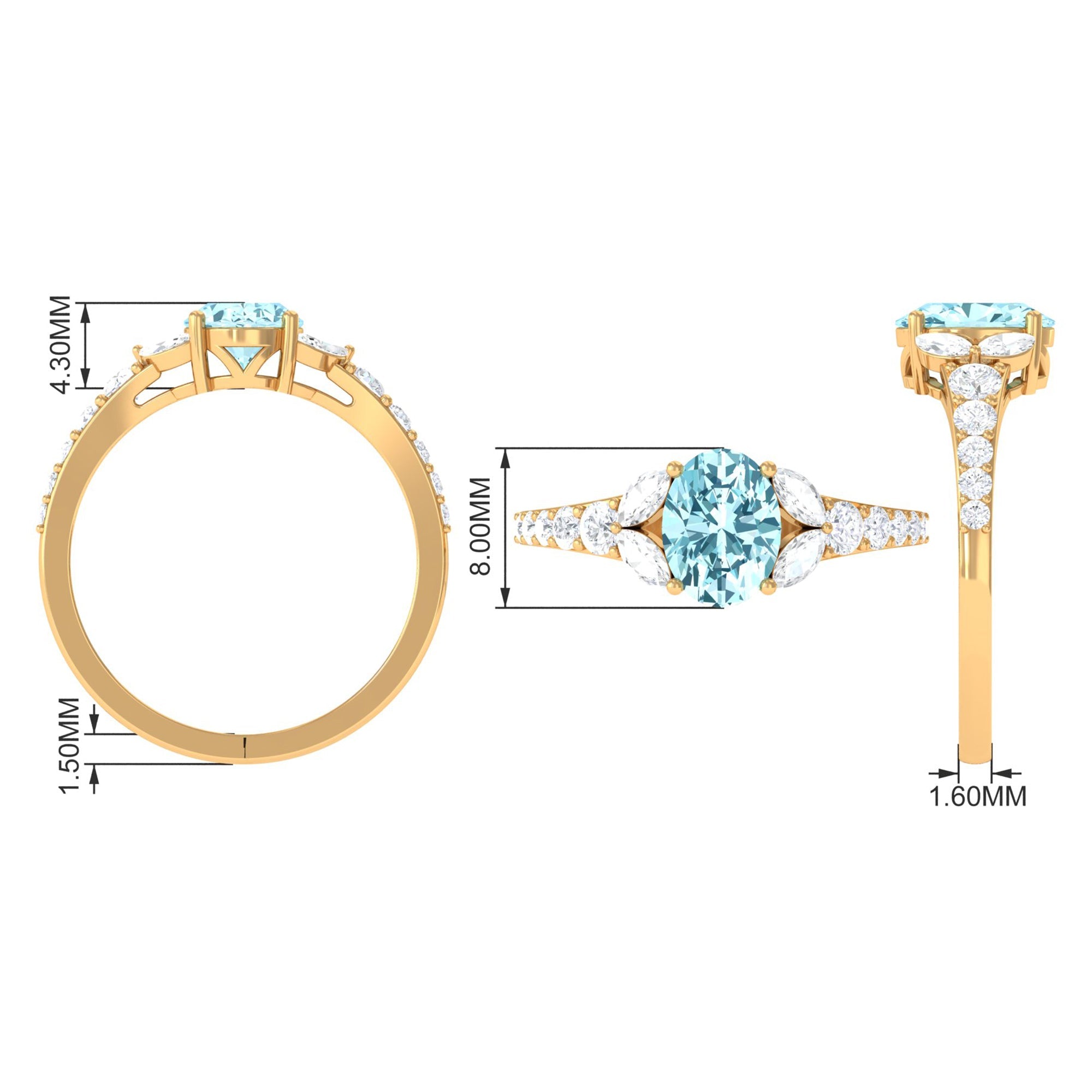 1 Carat Oval Aquamarine Engagement Ring with Diamond