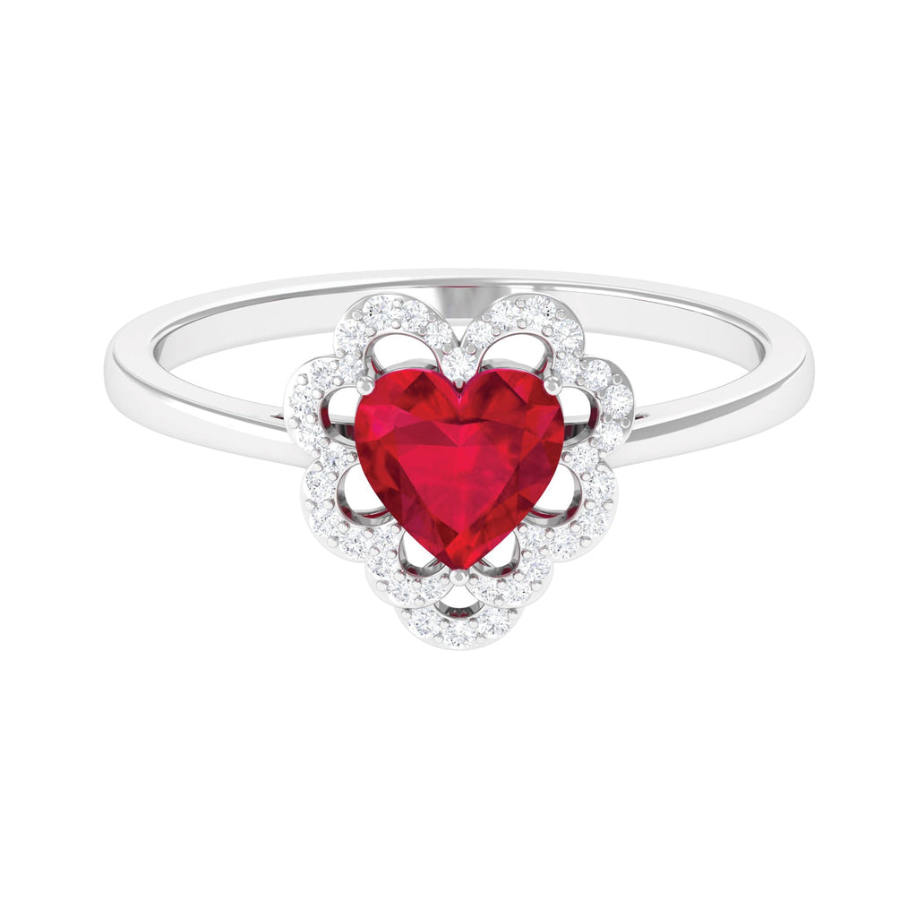 0.9 Carat Lab Created Ruby Heart Engagement Ring with Diamond Accent