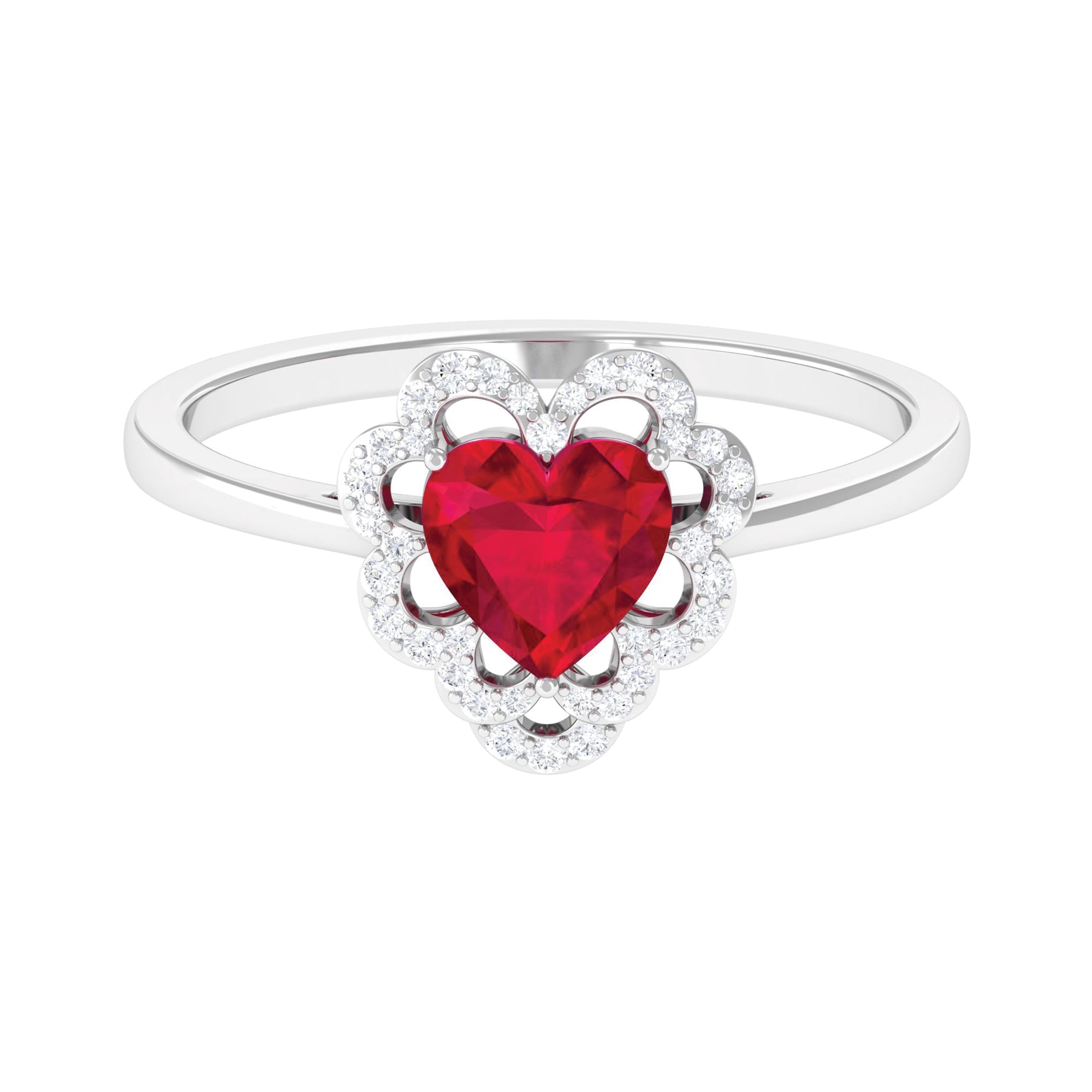 0.9 Carat Lab Created Ruby Heart Engagement Ring with Diamond Accent