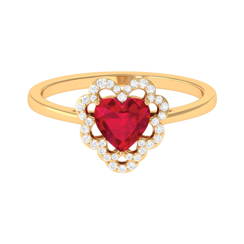 0.9 Carat Lab Created Ruby Heart Engagement Ring with Diamond Accent