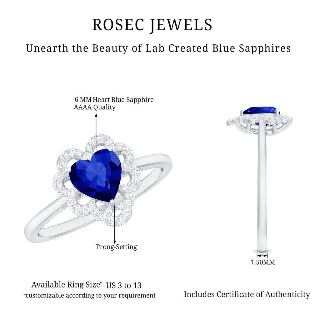 0.9 Carat Heart Lab Grown Blue Sapphire Designer Engagement Ring with Diamond