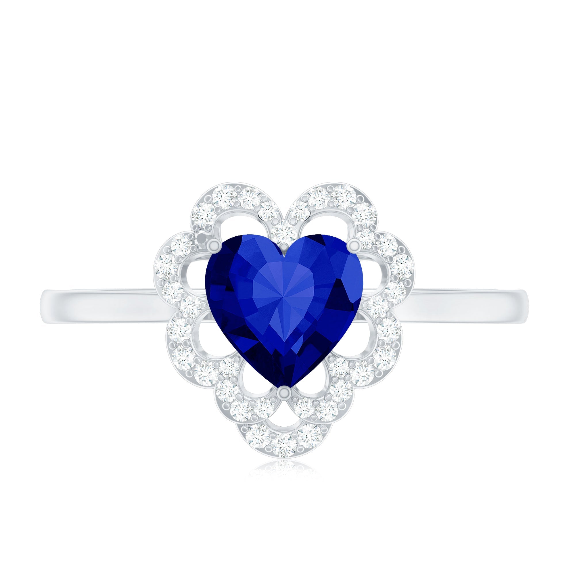 0.9 Carat Heart Lab Grown Blue Sapphire Designer Engagement Ring with Diamond
