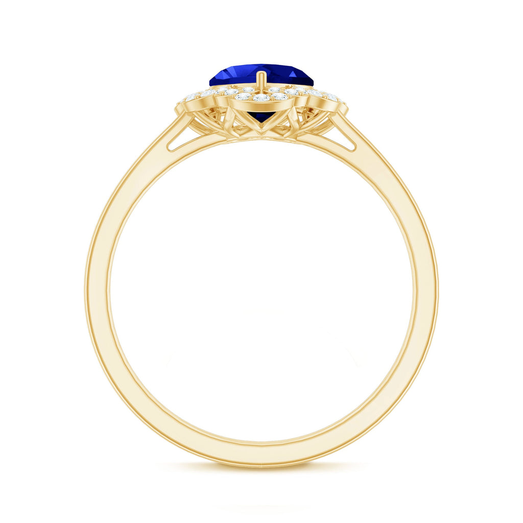 0.9 Carat Heart Lab Grown Blue Sapphire Designer Engagement Ring with Diamond