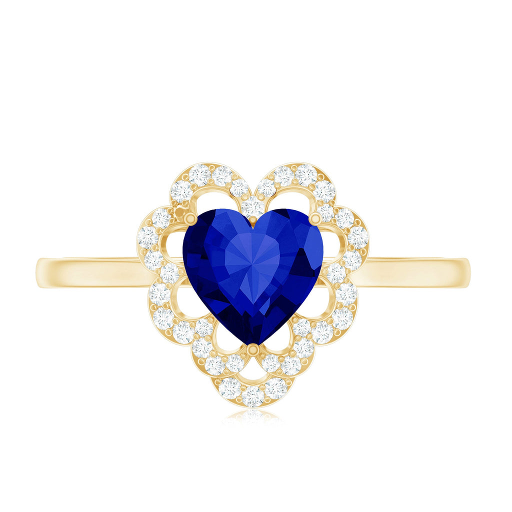 0.9 Carat Heart Lab Grown Blue Sapphire Designer Engagement Ring with Diamond