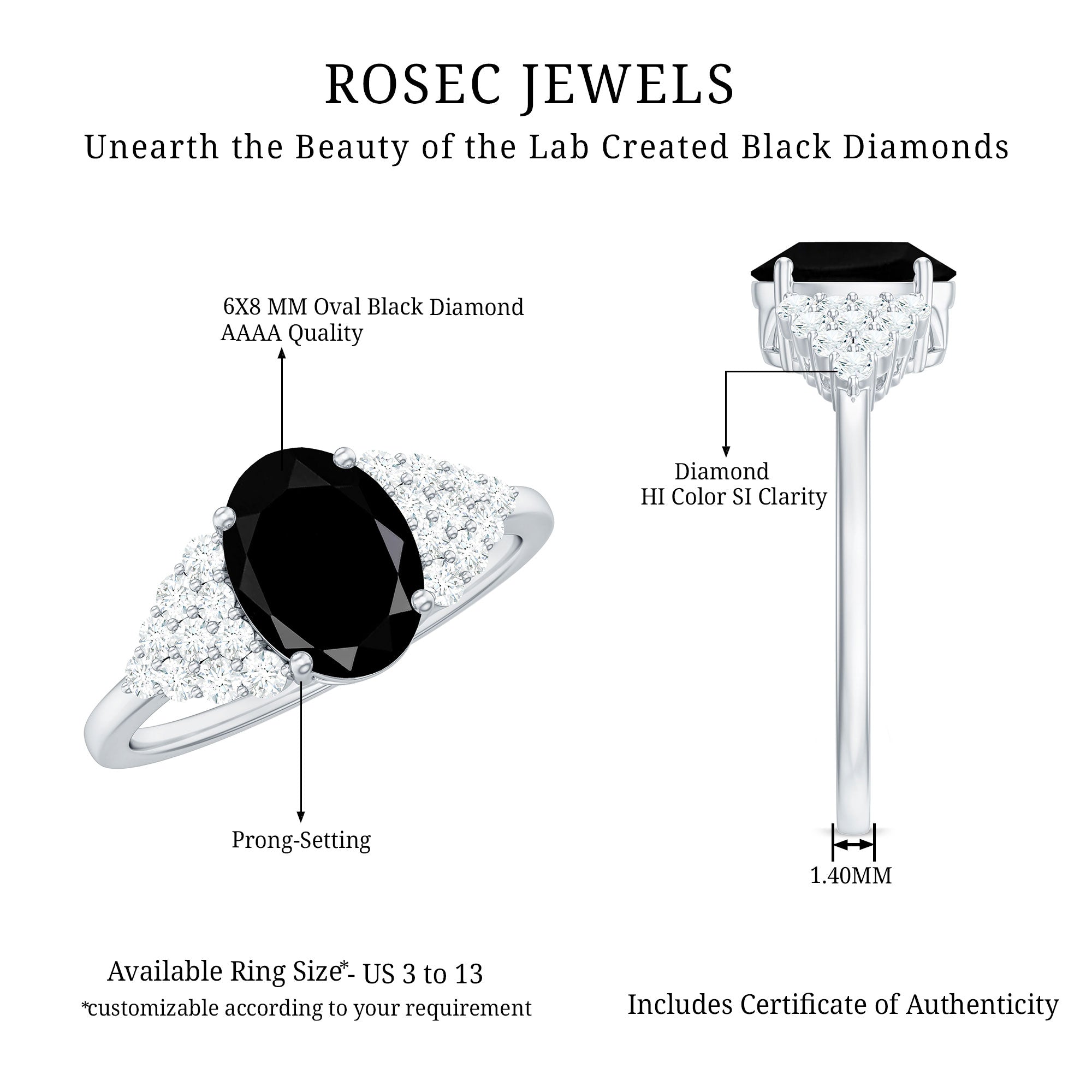 1.9 Carat Lab Grown Black Diamond Oval Engagement Ring with White Diamond