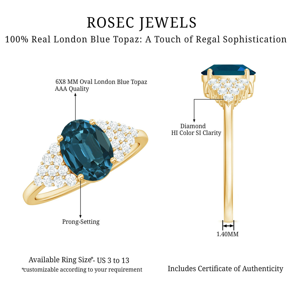 1 Carat Oval Cut London Blue Topaz Classic Engagement Ring with Diamond