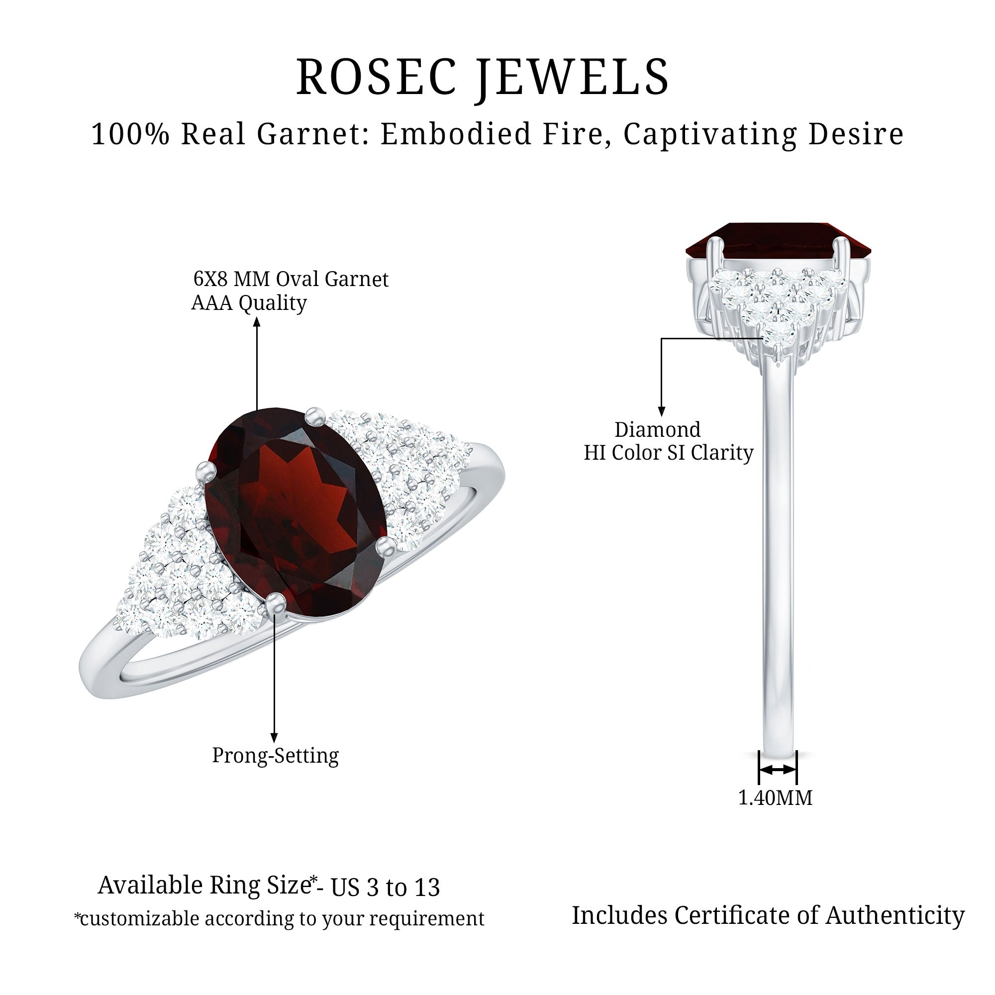 Certified Real 1.5 Carat Garnet Oval Engagement Ring with Diamond