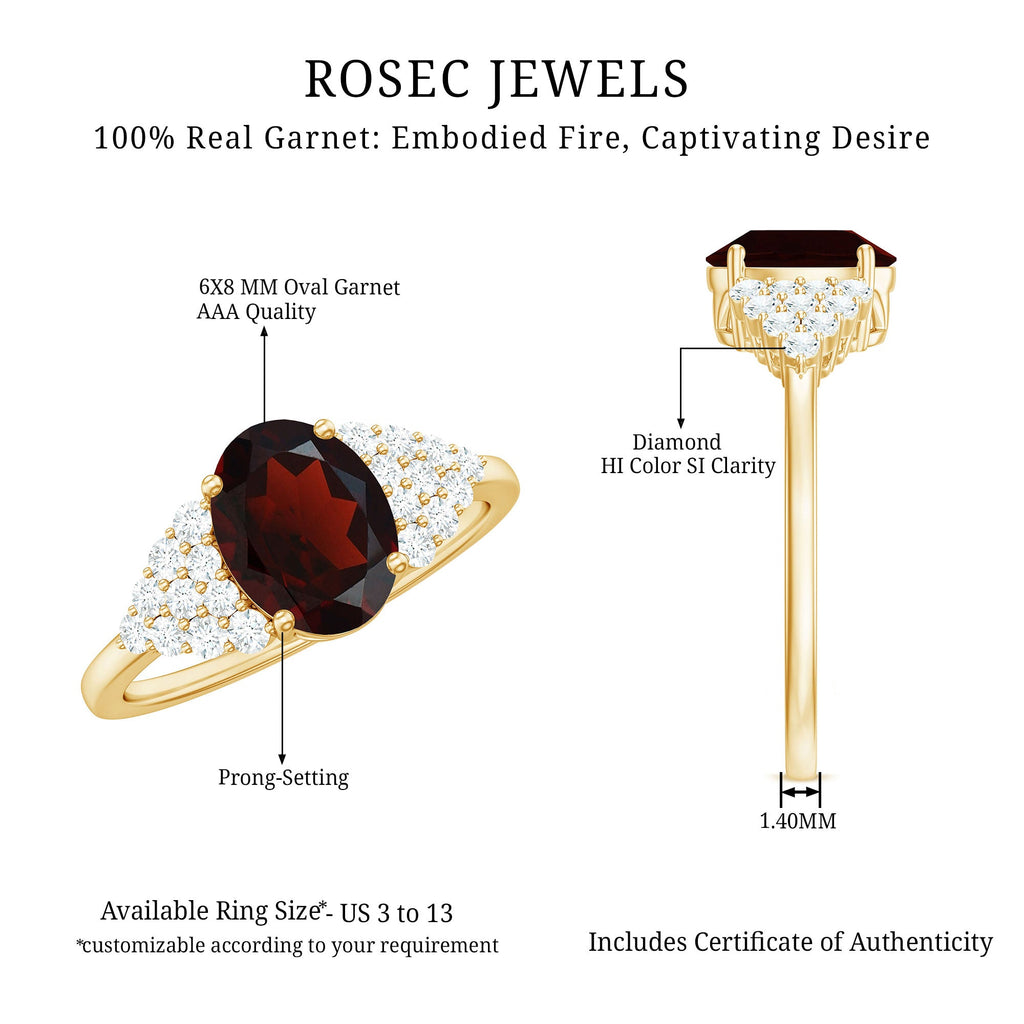 Certified Real 1.5 Carat Garnet Oval Engagement Ring with Diamond