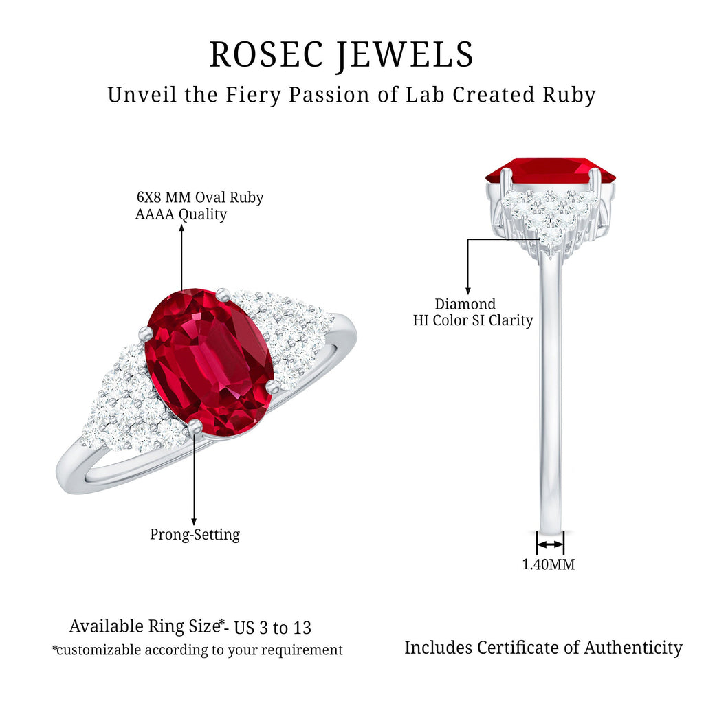 Certified 1.5 Carat Oval Lab Grown Ruby Engagement Ring with Diamond