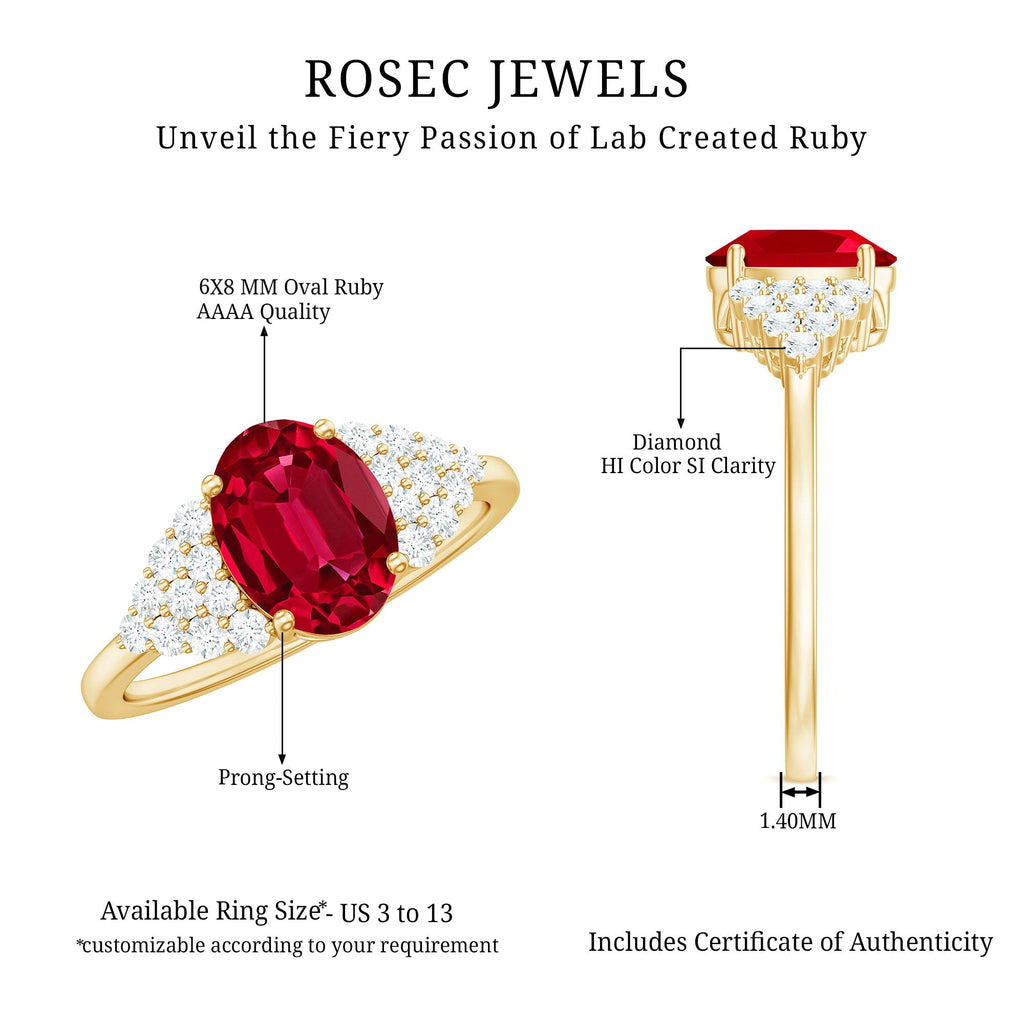 Certified 1.5 Carat Oval Lab Grown Ruby Engagement Ring with Diamond