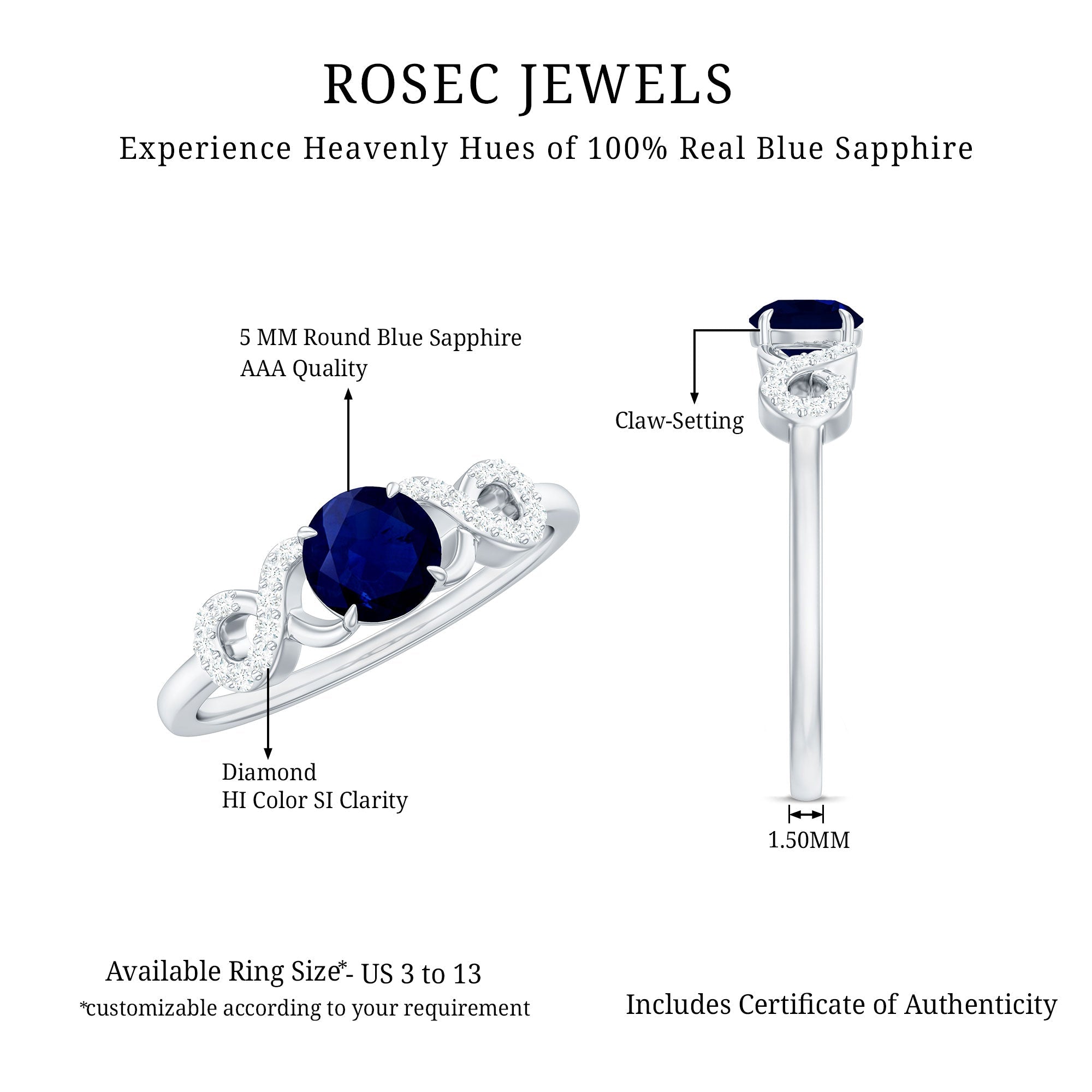 Real 0.9 Carat Blue Sapphire Infinity Promise Ring with Diamond